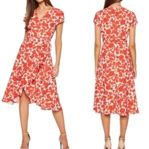 Bardot Fiesta Floral Poppy Faux Wrap Ruffle Midi Red White Dress
